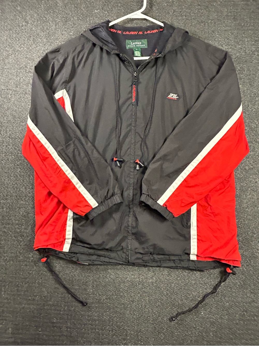Lauren Ralph Lauren Jacket Mens Large Black Red Hooded Windbreaker 90s Retro RL